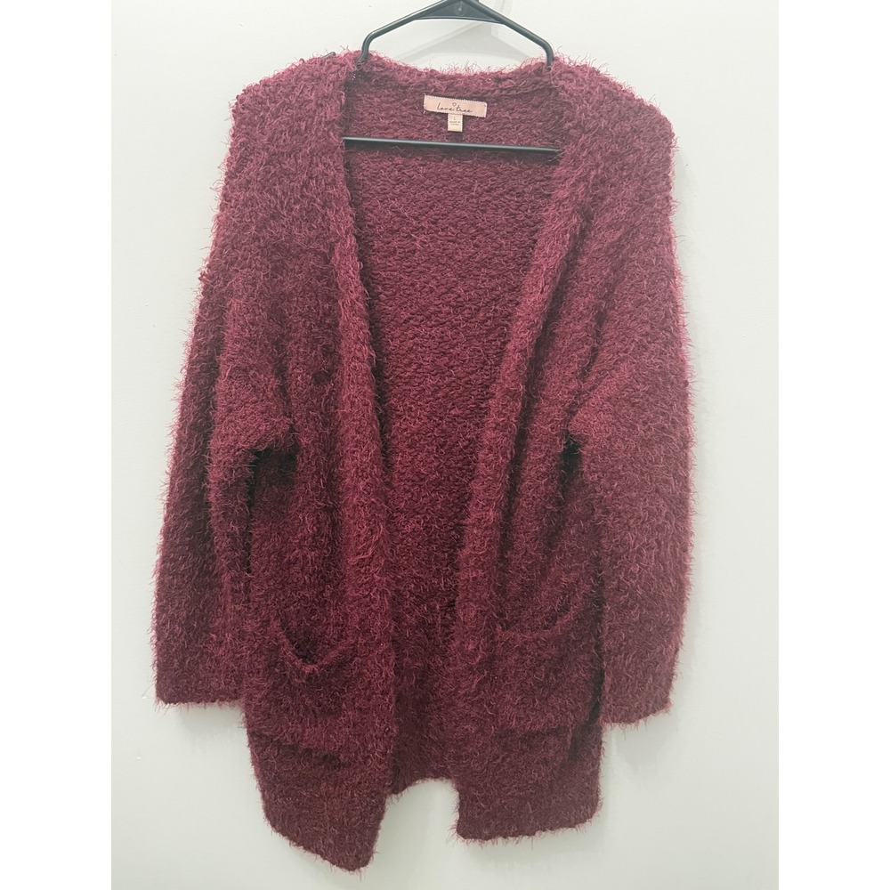 Love Tree Burgundy Eyelash Knit Open Front Cardigan Sweater Fuzzy Duster Large